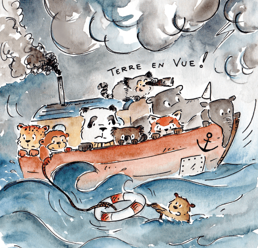 Un groupe d'animaux colorés sur un bateau naviguant en mer, avec un ciel orageux. Les animaux expriment de l'enthousiasme en voyant la terre au loin.