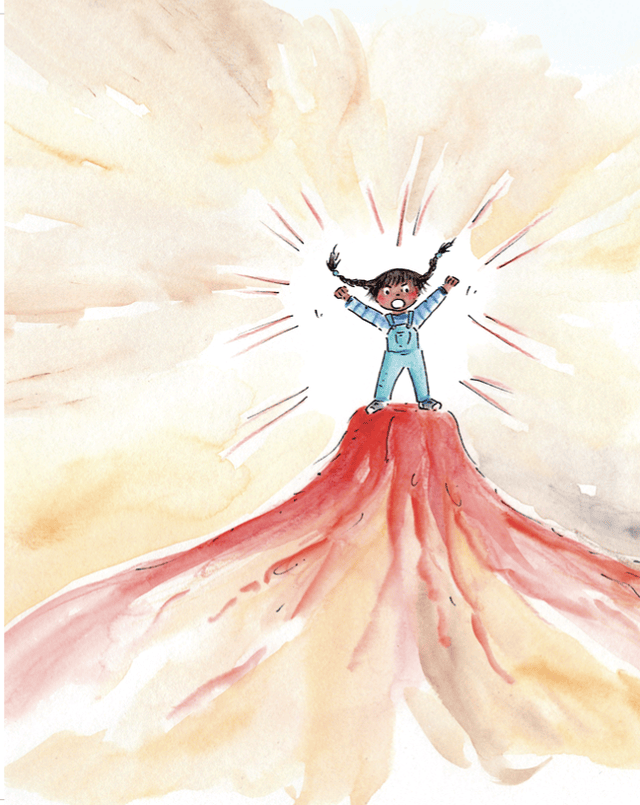 Un enfant se tient triomphalement au sommet d'un volcan en éruption, levant les bras avec enthousiasme. Des couleurs vives montrent la lave et des éclats lumineux entourent la scène.