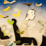 Illustration d'un homme conduisant une voiture, avec un enfant assis à l'arrière et des oiseaux en papier volant autour.