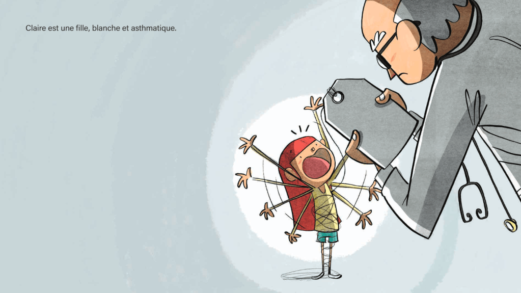 Illustration d'une fille nommée Claire, qui a plusieurs bras et semble crier, face à un médecin tenant une étiquette.