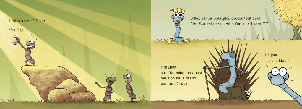 Une illustration montrant des vers et des fourmis dans un environnement naturel, avec des vers ayant des rêves de grandeur.