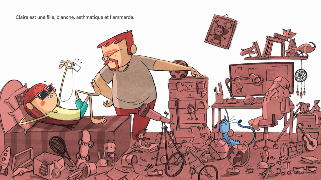 Une illustration montrant une fille, Claire, allongée sur un lit dans une chambre en désordre, portant des lunettes de soleil et tenant une manette de jeu, tandis qu'un homme, probablement son père, la gronde.