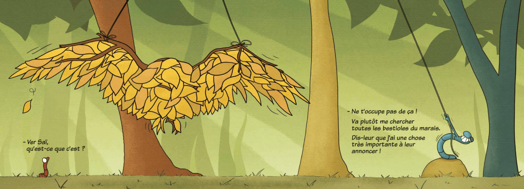 Une bande dessinée illustrant un ver et un serpent dans une forêt, avec un grand symbole en forme d'ailes fait de feuilles dorées, où le ver demande des explications au serpent.