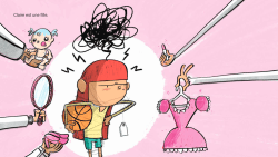 Un garçon avec un chapeau rouge se tient au centre, visiblement perplexe, entouré de divers objets, y compris une peluche et une robe rose, symbolisant des choix ou des pressions.