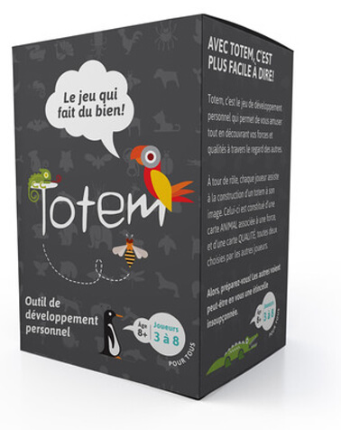 Boîte du jeu Totem, un outil de développement personnel, affichant le slogan 'Le jeu qui fait du bien!' et des illustrations ludiques d'animaux.