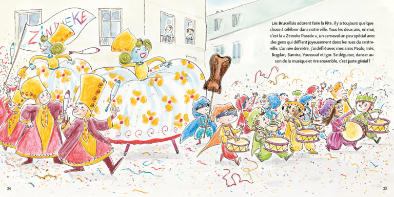 Une illustration vibrante d'un carnaval à Bruxelles, montrant des personnages colorés en costumes festifs, défilant dans la rue devant un bâtiment. Des enfants jouent de la musique avec des tambours, tandis qu'une figure animée en costume spectaculaire guide le groupe. Des confettis sont dispersés dans les airs, ajoutant à l'atmosphère joyeuse de la célébration.