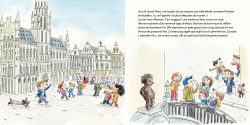 Illustration d'un groupe d'enfants jouant sur une grande place devant des bâtiments historiques, avec un chien à leurs pieds et un groupe d'enfants sur un pont.