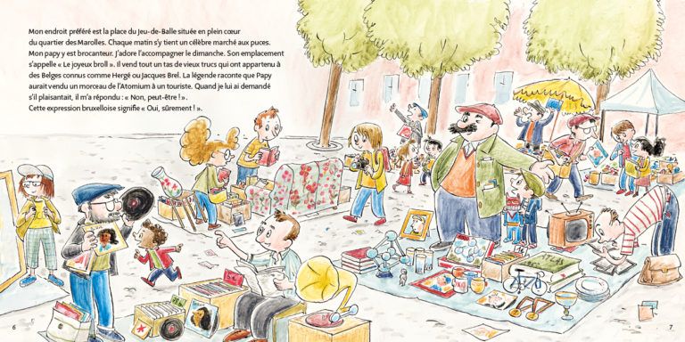 Illustration d'un marché aux puces animé avec des personnes qui vendent et achètent divers objets, des livres, des jouets et des vêtements. En arrière-plan, des arbres et des bâtiments. L'ambiance est joyeuse et colorée.