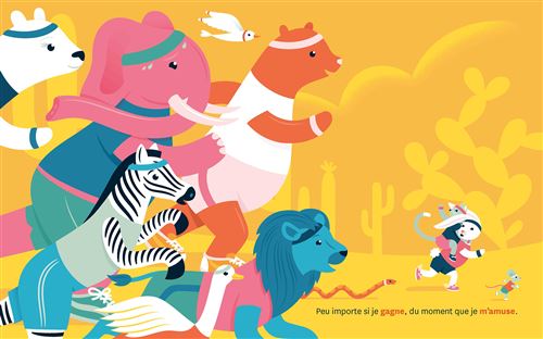 Une illustration colorée montrant un groupe d'animaux, dont un éléphant, un ours, un zèbre et un lion, courant joyeusement avec un enfant. Le fond est jaune et comporte des éléments de la nature, comme des cactus.