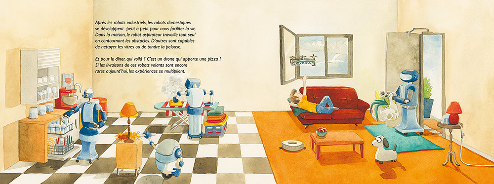 Illustration d'une maison moderne avec des robots domestiques, un robot aspirateur nettoyant le sol, un drone livrant une pizza et une personne relaxant sur un canapé.