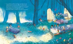 Illustration d'une scène enchantée sous les arbres, avec des enfants jouant et dormant dans un environnement féerique, illuminé par des lucioles et des fleurs.