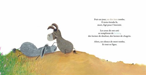 Illustration d'un âne triste auprès d'un autre âne couché sur le sol, évoquant le chagrin et la mémoire. Texte poétique en français à droite.