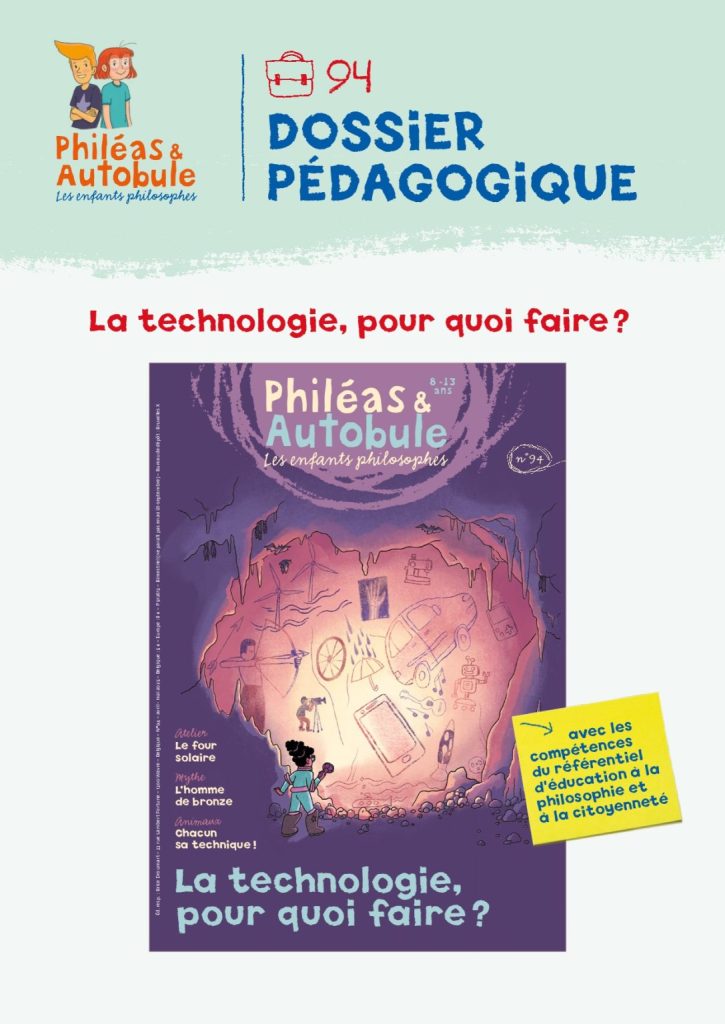 Couverture du dossier pédagogique n°94 sur la technologie, avec un jeune explorateur devant des gravures préhistoriques et des objets technologiques modernes.