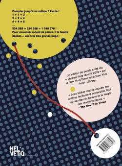 Recto d'un livre avec un fond bleu à pois, comprenant des cercles de différentes tailles et couleurs, ainsi qu'un texte invitant à compter jusqu'à un million.