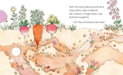 Illustration d'un paysage de jardin avec des légumes colorés tels que des carottes, des radis, et des fleurs, accompagné de texte descriptif sur un festival de légumes.