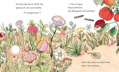 Illustration d'un ver de terre sortant de la terre, observant une coccinelle dans un jardin fleuri avec des légumes et des fleurs colorées.