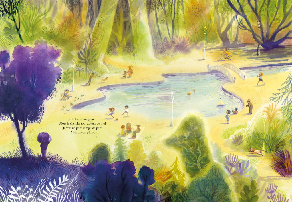 Illustration d'un parc vibrant avec des enfants jouant près d'un étang, des arbres verdoyants, et un pont pittoresque.
