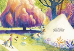 Une illustration colorée d'un parc avec des arbres aux couleurs vives. Des enfants jouent près d'une colline tandis que d'autres marchent sur le chemin. Une ambiance joyeuse et ludique.