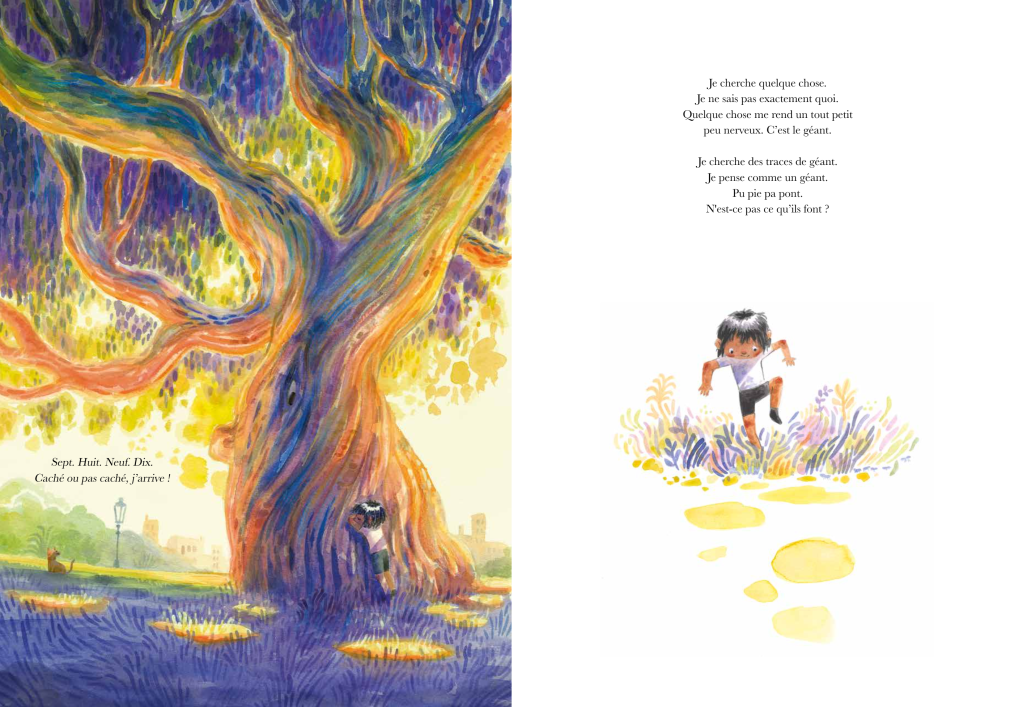 Une illustration colorée représentant un arbre majestueux à gauche et un enfant qui court à droite, entouré de plantes colorées, avec des textes en français sur la recherche d'un géant.
