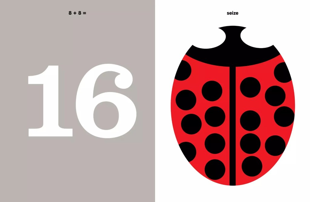 Un fond gris avec le calcul '8 + 8 =' et le résultat '16' en grandes lettres blanches, à côté d'une illustration d'une coccinelle rouge avec des points noirs sur un fond blanc.