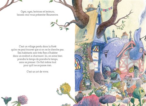 Illustration d'un village enchanteur avec des maisons colorées et des habitants joyeux dans un cadre forestier. Le texte présente le village de Bourmerie.