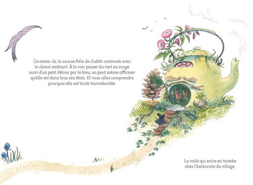 Illustration d'une théière verte décorée de fleurs et entourée de plantes, avec un chemin sablonneux menant à une maison, sous un ciel clair.