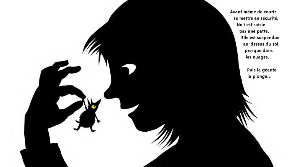 Silhouette d'une personne tenant un insecte noir avec des yeux jaunes, accompagnée d'un texte narratif à droite.