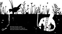 Illustration en noir et blanc d'un environnement souterrain avec une créature ressemblant à un loup, une échelle et des éléments de paysage comme des plantes et un oiseau au-dessus.