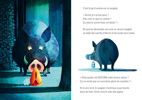 Une scène illustrée avec un sanglier menaçant et un personnage craintif. Le sanglier est de profil, avec des traits expressifs, tandis que le personnage, qui semble inquiet, se tient devant lui. L'arrière-plan est sombre, accentuant l'atmosphère de tension.