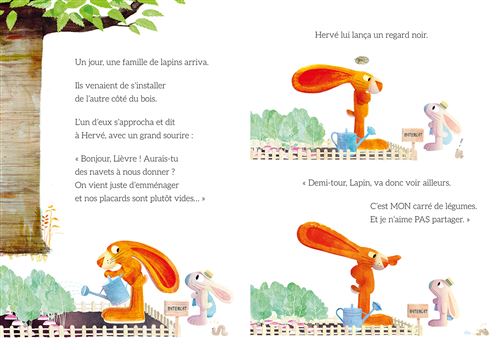 Illustration d'un lapin orange nommé Hervé, discutant avec un lapin blanc dans un jardin. Hervé semble un peu contrarié, tandis que l'autre lapin semble curieux. Le texte est en français et raconte une histoire de lapins sur leur terrain.
