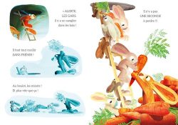 Une illustration colorée de lapins et d'autres animaux en train de grimper une échelle pour atteindre des carottes, avec des textes humoristiques en français.