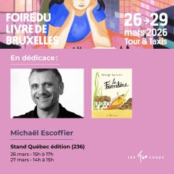Affiche de la Foire du Livre de Bruxelles 2026, avec les dates, le lieu et une dédicace de Michaël Escoffier, présentant son livre 'La Fourmi'.