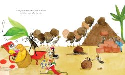 Une illustration colorée représentant une scène avec des insectes, incluant une fourmi, des oiseaux et un escargot, travaillant ensemble autour d'une colline de terre et de divers éléments de la nature.