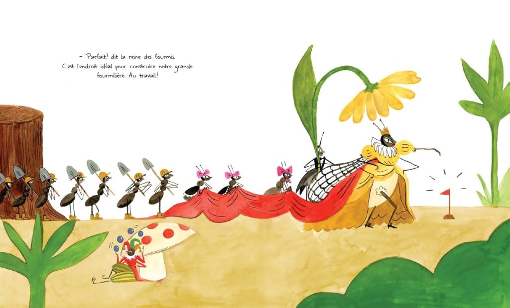 Illustration de fourmis portant des chapeaux de travail, découvrant un site pour construire une fourmilière, avec une reine entourée de fourmis et une fleur au fond.