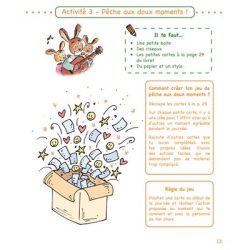 Page d'activité présentant un jeu de pêche aux deux moments, avec des illustrations de lapins et une boîte débordant de papiers et d'étoiles.