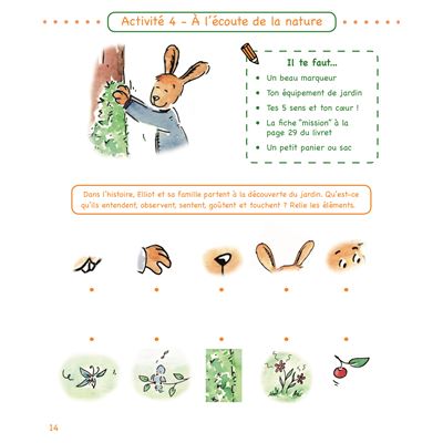 Illustration d'un lapin qui participe à une activité en plein air, avec des éléments naturels autour et des instructions pour explorer la nature.