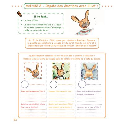 Page d'activité sur les émotions avec le personnage d'Elliot, incluant des illustrations et un exercice interactif.
