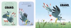 Une image d'un oiseau avec des plumes colorées et des fleurs, présentant deux pages d'un livre pour enfants sur le thème de la grandeur.