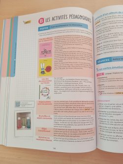 Une page d'un livre ouverte avec des sections sur les activités pédagogiques. Il y a des illustrations et des textes explicatifs.