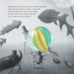 Une illustration en noir et blanc représentant des insectes, dont un scarabée et des coccinelles, observant une bulle colorée, probablement un insecte, dans un environnement de végétation.