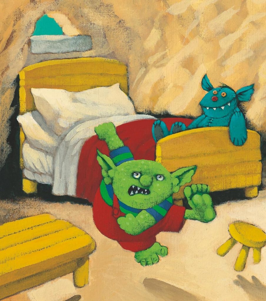 Deux créatures imaginaires dans une chambre : un gobelin vert, en train de danser, et un monstre bleu assis sur un lit.