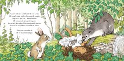 Illustration d'un lapin et d'un vison dans une forêt, observant une jeune fille allongée sur le sol, entourée de feuillage.