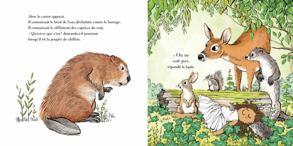 Illustration d'un castor pensif assis dans l'herbe, accompagné d'un texte en français sur ses réflexions.