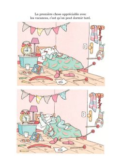 Une illustration humoristique d'une chambre d'enfant en désordre, avec un personnage endormi au lit entouré de jouets et d'objets éparpillés, représentant la liberté des vacances.