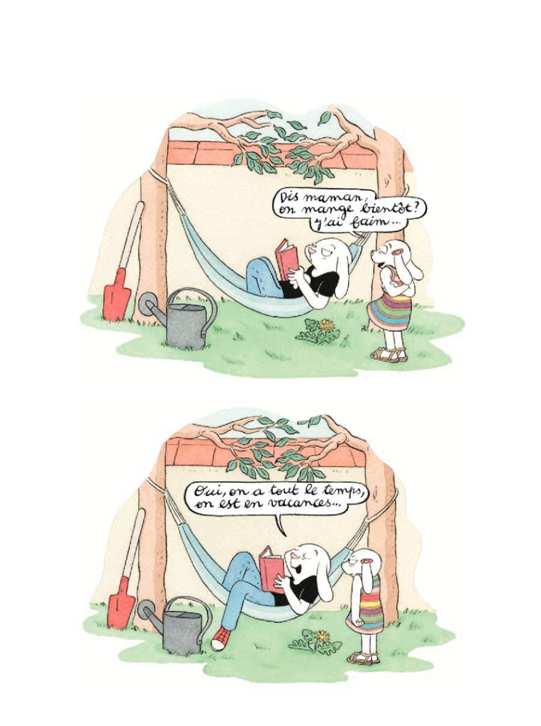 Deux personnages de bande dessinée dans un jardin : un personnage détendu dans un hamac lisant un livre tandis qu'un autre personnage demande s'ils vont bientôt manger.