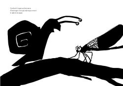 Illustration en noir et blanc d'un escargot et d'une mouche sur une branche.