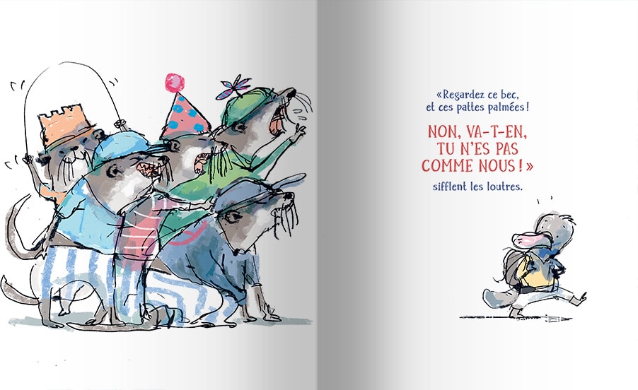 Un groupe de loutres habillées de manière colorée crie à un ornithorynque qui les regarde, avec des bulles de dialogue exprimant leur mécontentement.