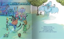 Illustration d'un zoo avec des animaux dansant et s'amusant, incluant un éléphant habillé en costume. Un dragon peut être vu derrière eux, tandis que d'autres animaux se rassemblent pour participer à la fête.