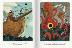 Une scène de pirate sur un bateau avec un équipage, entouré par un énorme calmar aux tentacules menaçants.