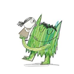 Un monstre vert et poilu tenant une petite fille dans ses bras, avec un sourire joyeux.